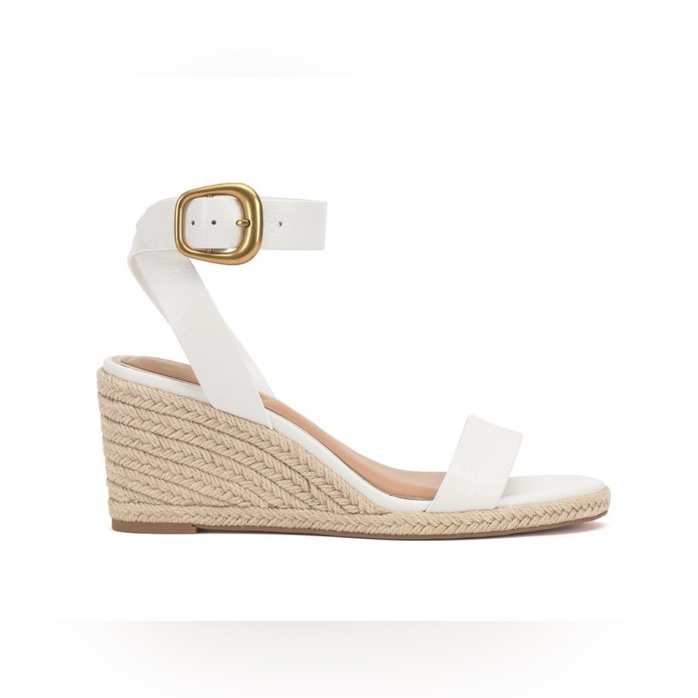 Vince Camuto White Wedge Sandals with Gold Buckle - Picture 2 of 5
